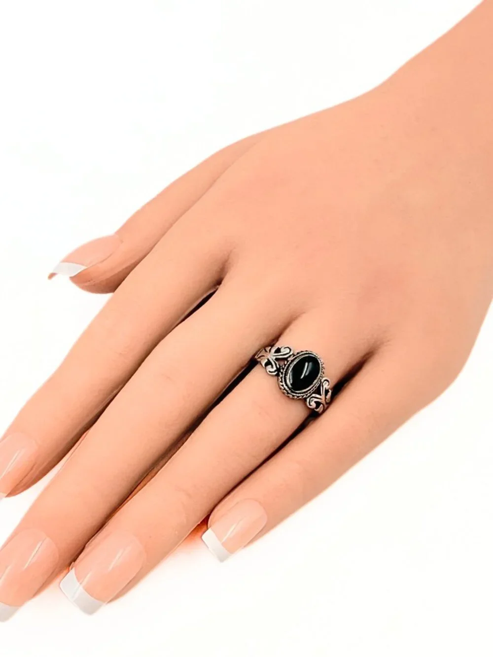Vintage Victorian Revival Marked Sterling Silver Onyx Scrolls Bohemian Ring Sz 8